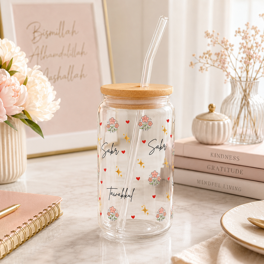 Sabr Shukr Tawakkul Glass Tumbler with Bamboo Lid & Straw
