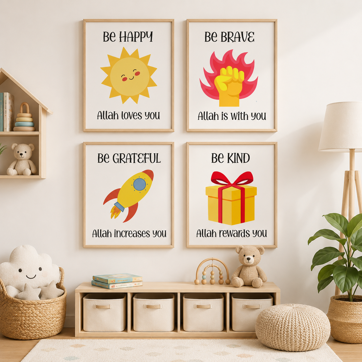 Islamic Kids Wall Art Set of 4 | Muslim Nursery Prints | Faith-Filled Digital Download for Kids Room, Playroom & Bedroom Decor