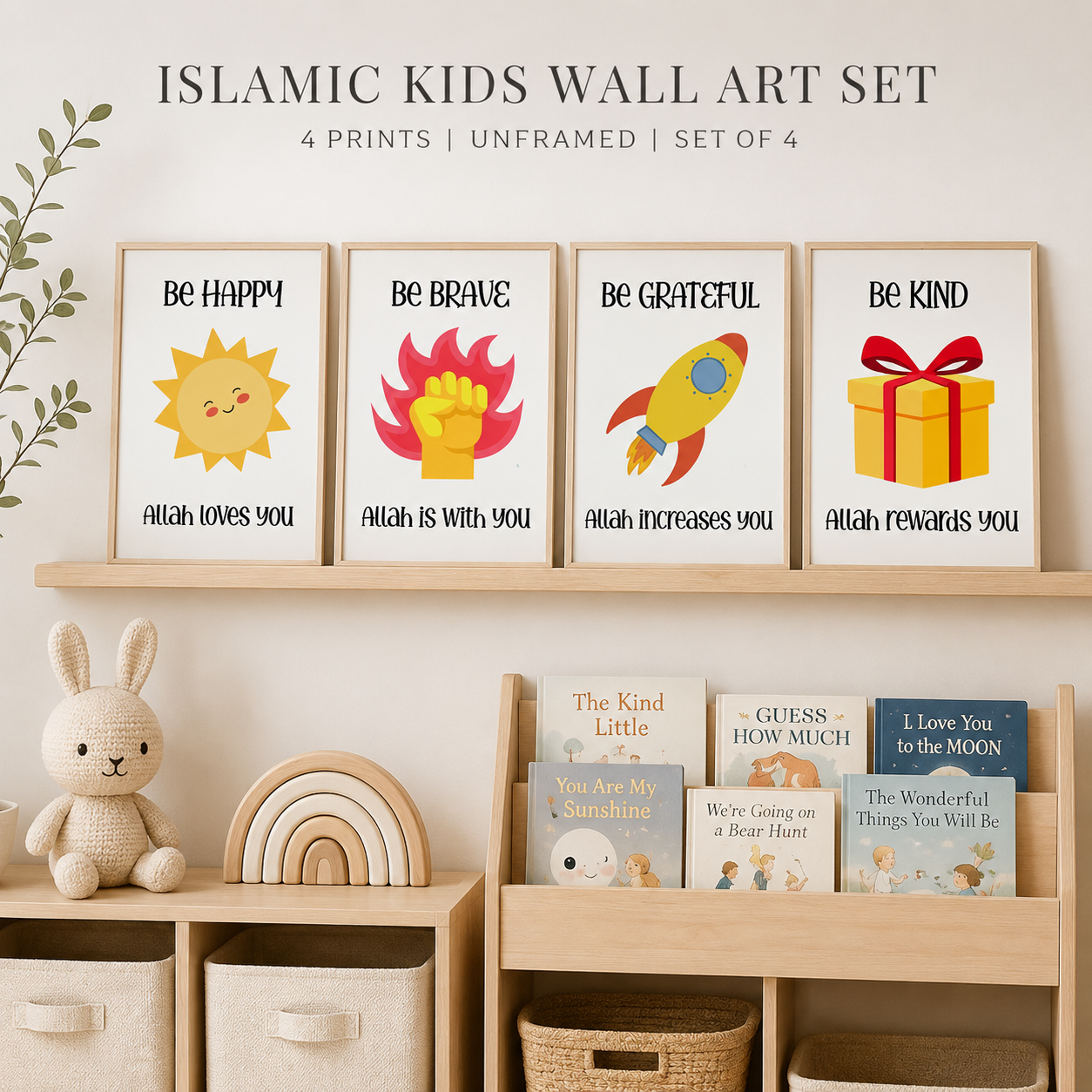 Islamic Kids Wall Art Set of 4 | Muslim Nursery Prints | Faith-Filled Digital Download for Kids Room, Playroom & Bedroom Decor