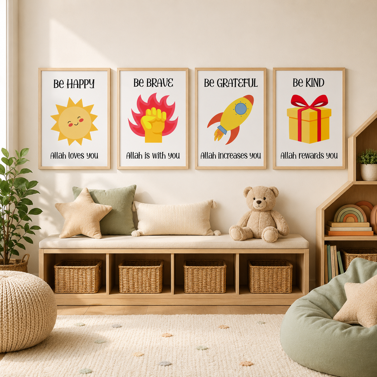 Islamic Kids Wall Art Set of 4 | Muslim Nursery Prints | Faith-Filled Digital Download for Kids Room, Playroom & Bedroom Decor