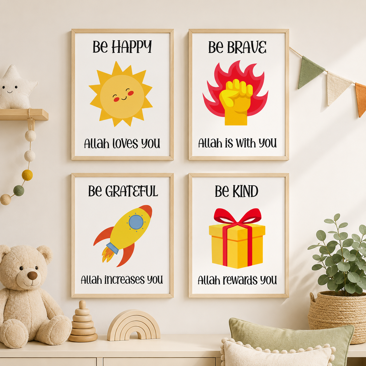 Islamic Kids Wall Art Set of 4 | Muslim Nursery Prints | Faith-Filled Digital Download for Kids Room, Playroom & Bedroom Decor