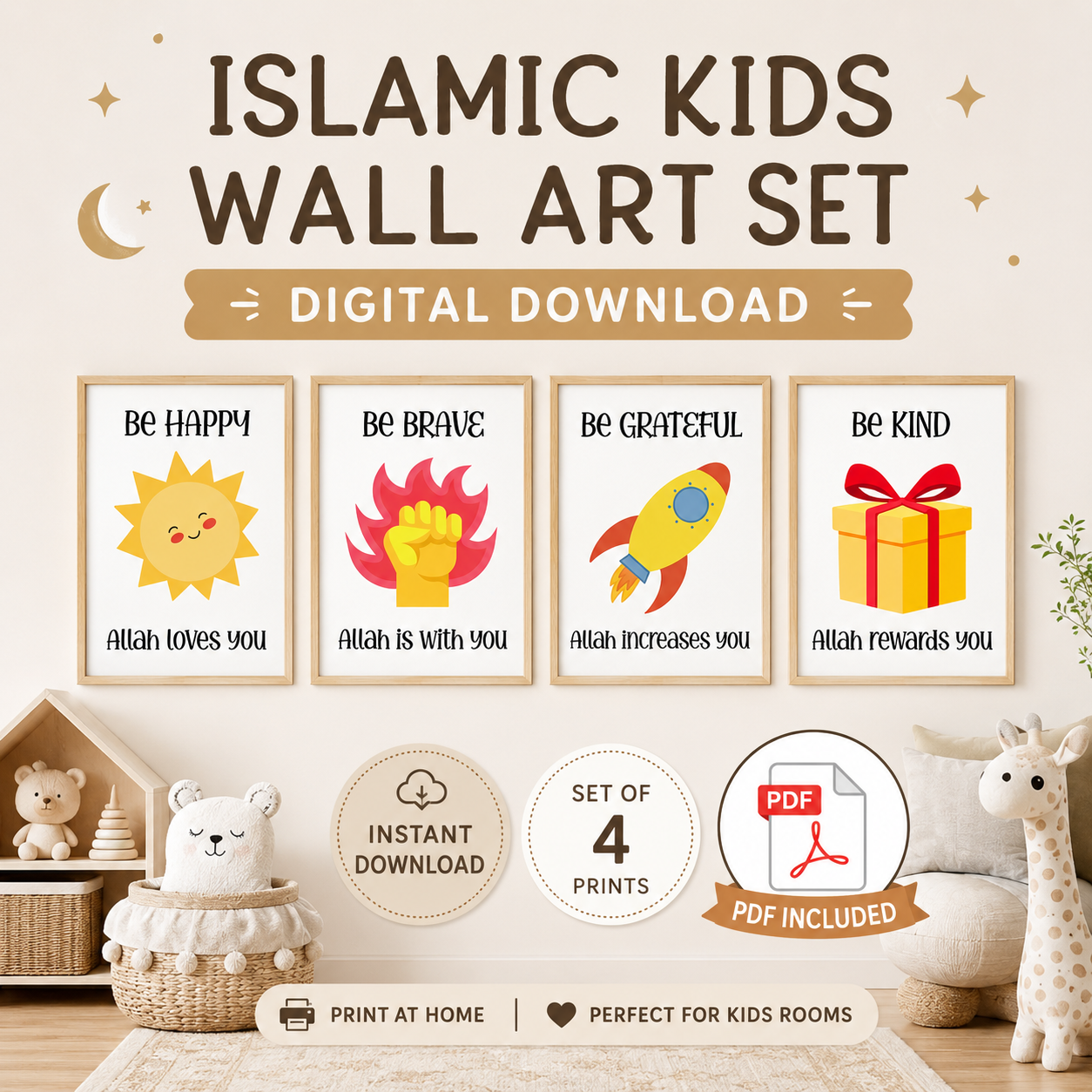 Islamic Kids Wall Art Set of 4 | Muslim Nursery Prints | Faith-Filled Digital Download for Kids Room, Playroom & Bedroom Decor