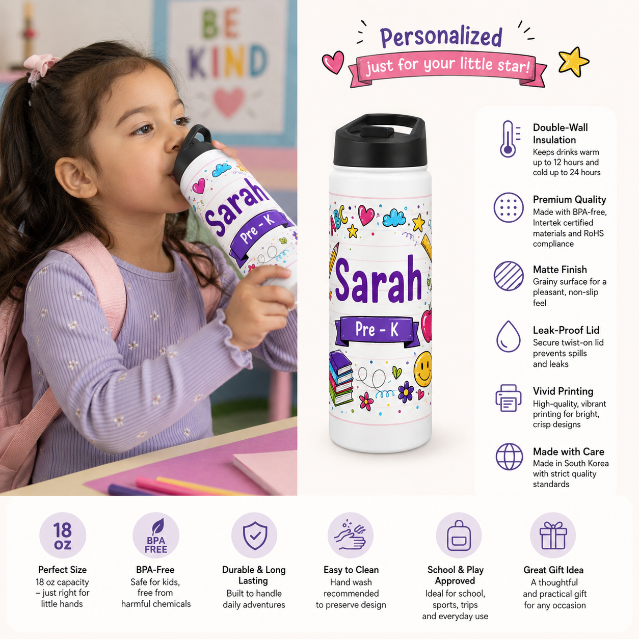 Personalized Kids School Water Bottle – Custom Name & Grade Stainless Steel Bottle