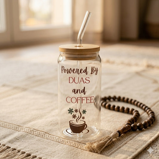 Powered by Duas and Coffee Glass Cup with Bamboo Lid & Glass Straw | Muslim Mom Coffee Tumbler