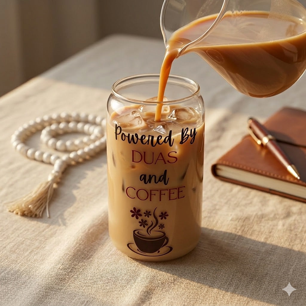 Powered by Duas and Coffee Glass Cup with Bamboo Lid & Glass Straw | Muslim Mom Coffee Tumbler